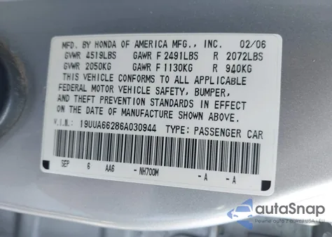 2006 Acura Tl из США, поврежденный, VIN 19UUA66286A030944